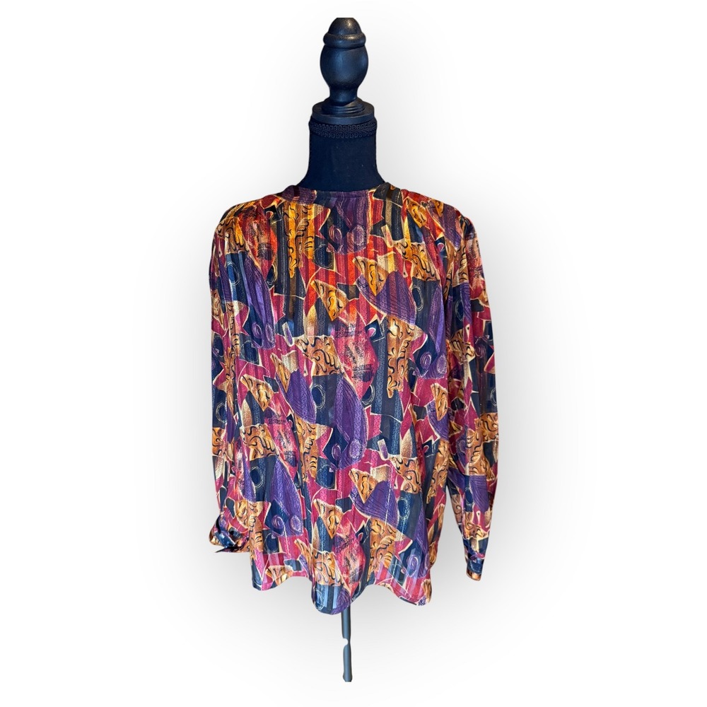 Vintage 80s 90s Avant Garde Pleated Blouse Abstract Geometric Metallic Red 12